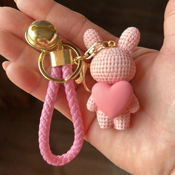 RESIN Rabbit Bell Charm Keychain Anime Bunny Heart Keyring Dangle - Picture 6 of 7